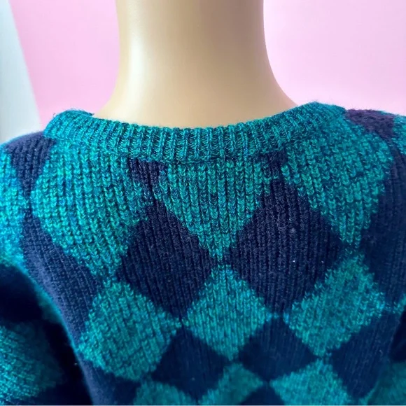 Vintage Women's XL Grunge 90's Green and Pink Argyle Sweater - Picture 7 of 8